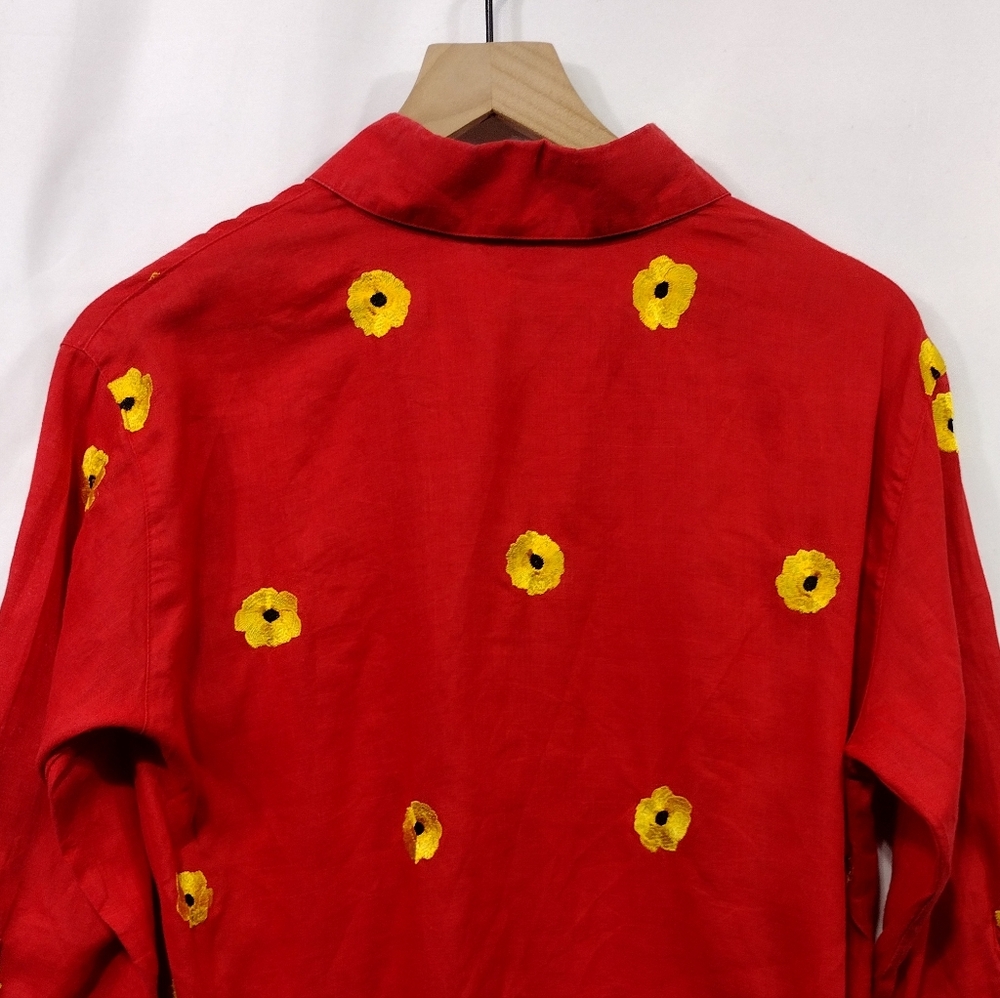 Casey Coleman 100% Linen Embroidered Floral Button Shirt Women's S Red Retro - Picture 6 of 7
